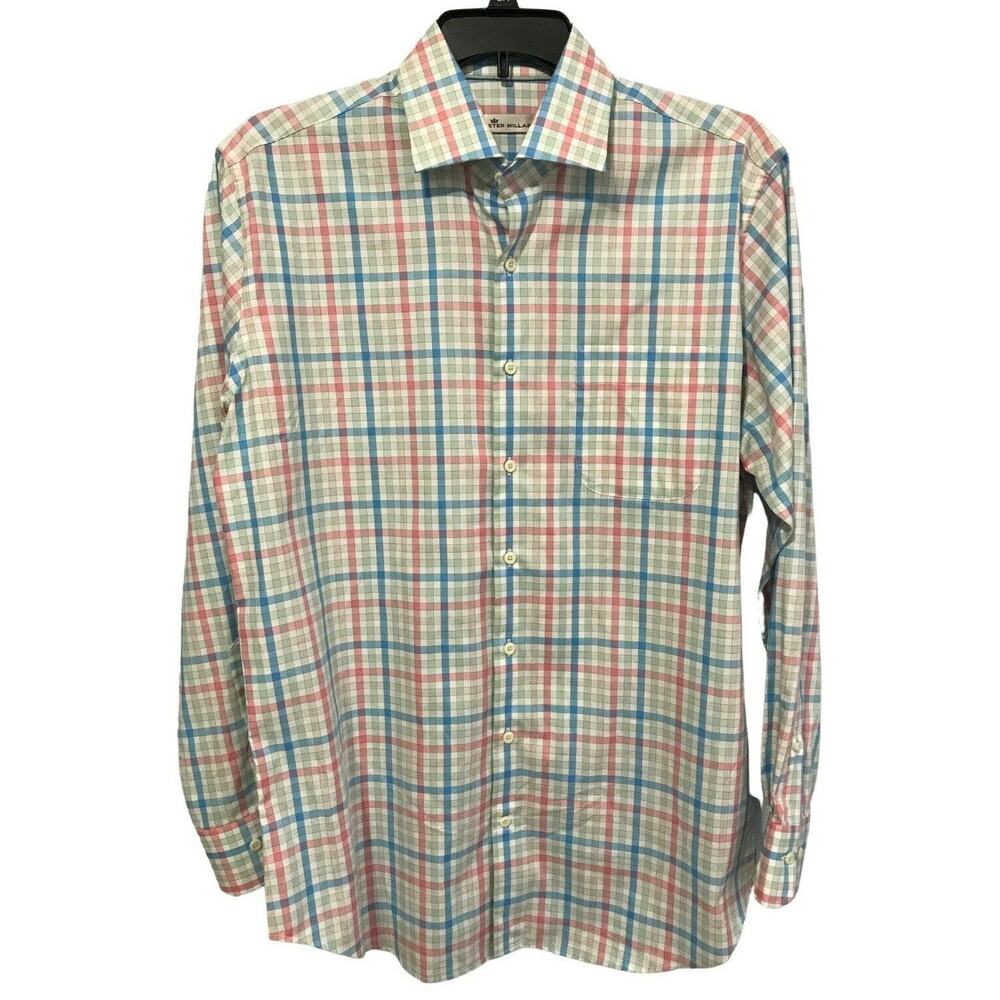 Peter Millar Mens Blue Pink Green White Checked Button Front Shirt Size Large